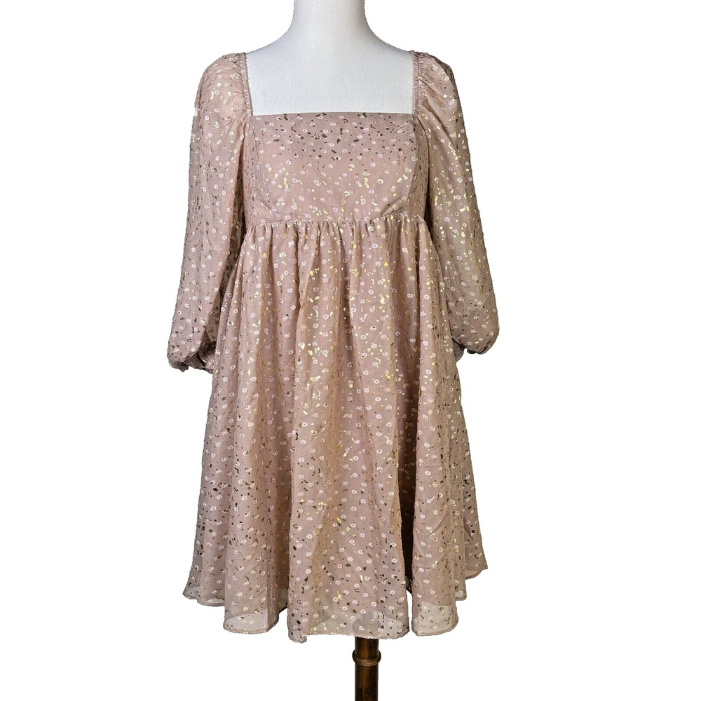 Storia Blush Pink Gold Foil Floral Mesh Babydoll Dress Square Neck Small JD2443L